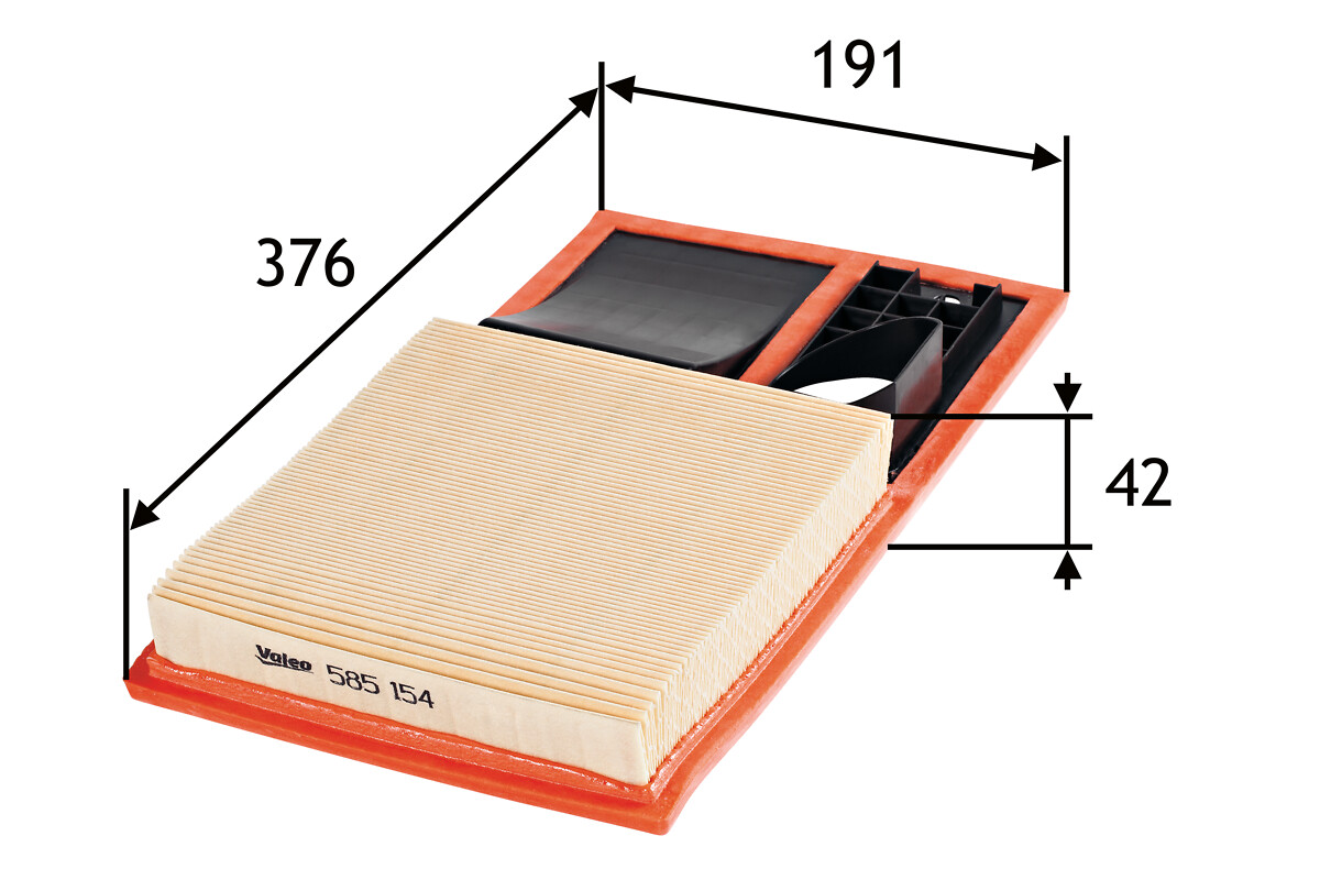 VALEO Luftfilter 585154 Filterindsats length_mm_203|Længde [mm]|372 width_mm_206|Bredde [mm]|190 height_mm_209|Højde [mm]|42 weight_kg_212|Vægt [kg]|0