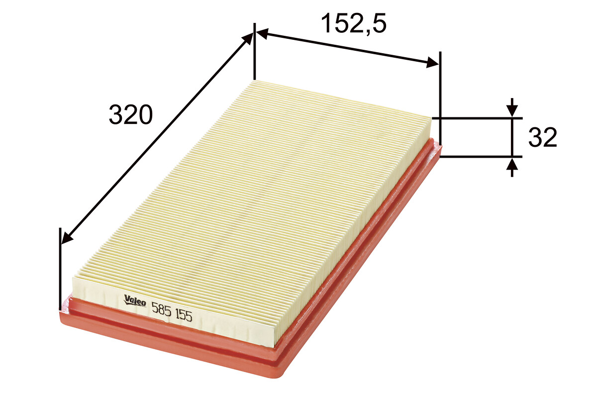 VALEO Luftfilter 585155 Filterindsats length_mm_203|Længde [mm]|319 width_mm_206|Bredde [mm]|152 height_mm_209|Højde [mm]|33 weight_kg_212|Vægt [kg]|0