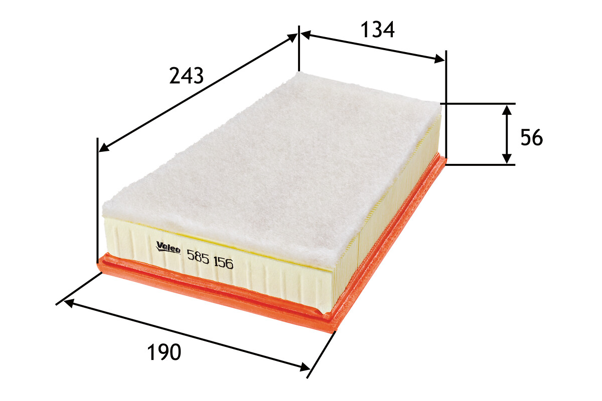 VALEO Luftfilter 585156 Filterindsats length_mm_203|Længde [mm]|243 width_mm_206|Bredde [mm]|192 width_1_mm_818|Bredde 1 [mm]|190 width_2_mm_819|Bredd