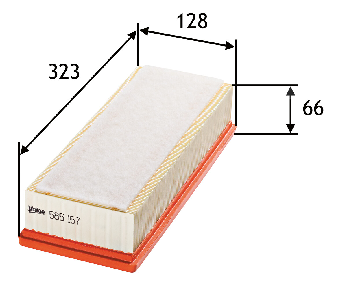VALEO Luftfilter 585157 Filterindsats length_mm_203|Længde [mm]|322 width_mm_206|Bredde [mm]|128 height_mm_209|Højde [mm]|67 supplementary_articleinfo