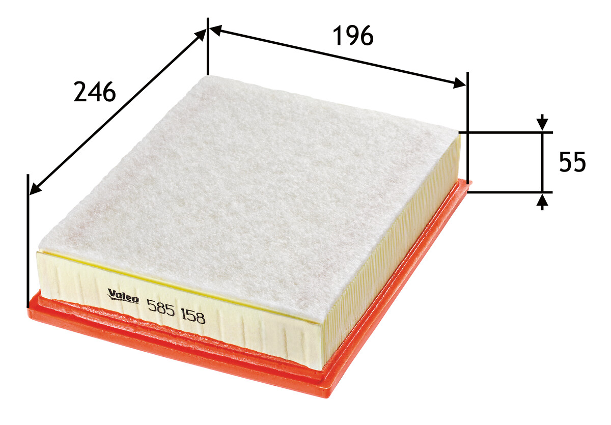 VALEO Luftfilter 585158 Filterindsats length_mm_203|Længde [mm]|246 width_mm_206|Bredde [mm]|197 height_mm_209|Højde [mm]|50 supplementary_articleinfo