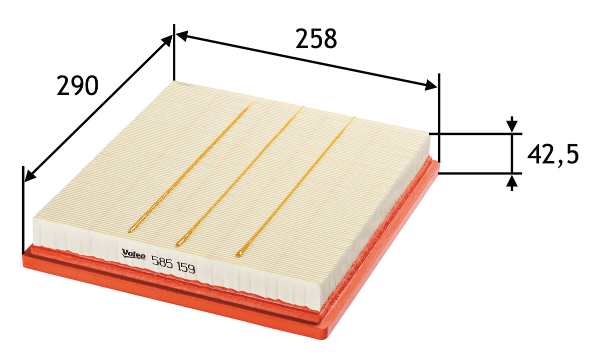 VALEO Luftfilter 585159 Filterindsats length_mm_203|Længde [mm]|290 width_mm_206|Bredde [mm]|259 height_mm_209|Højde [mm]|43 weight_kg_212|Vægt [kg]|0