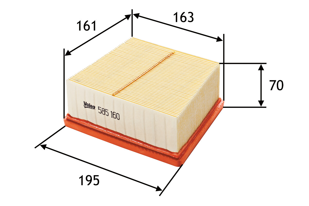 VALEO Luftfilter 585160 Filterindsats length_mm_203|Længde [mm]|161 width_mm_206|Bredde [mm]|198 width_1_mm_818|Bredde 1 [mm]|195 width_2_mm_819|Bredd