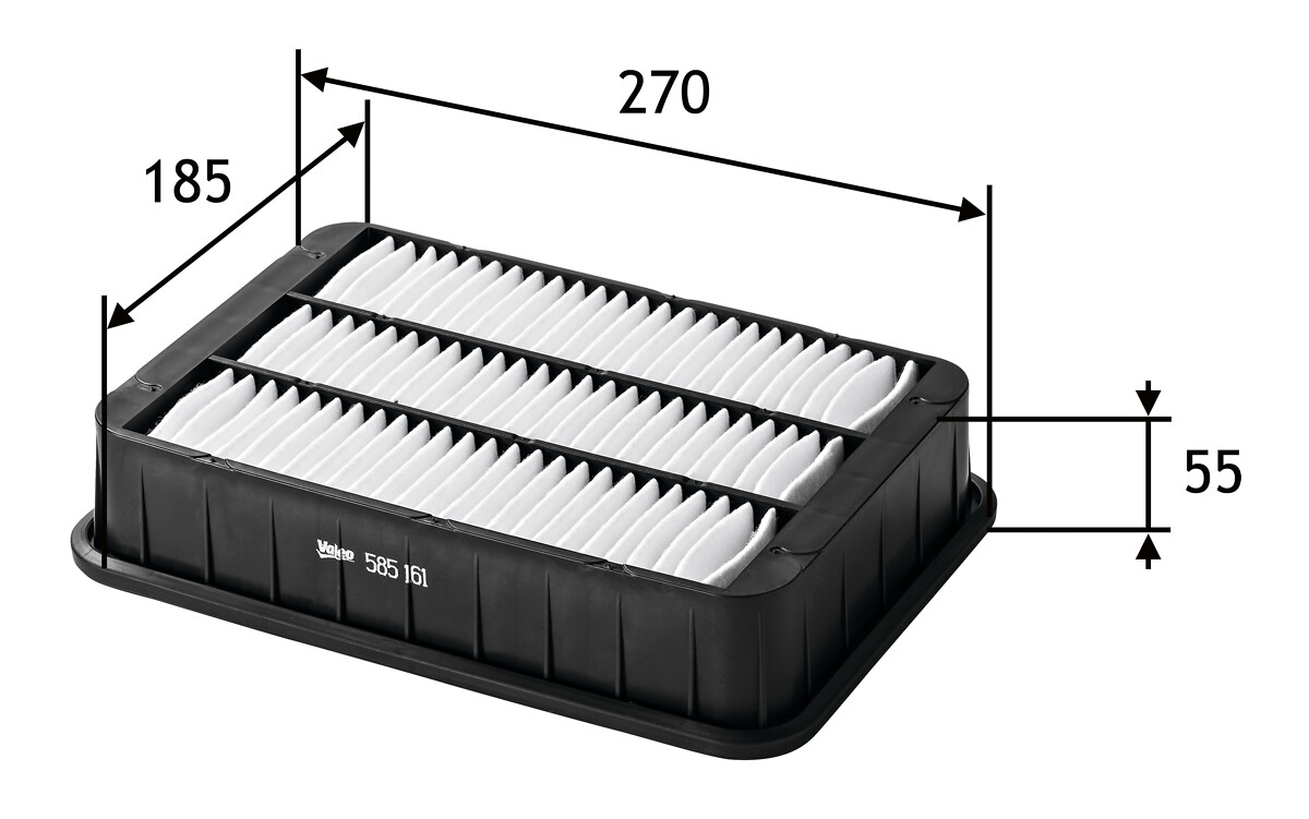 VALEO Luftfilter 585161 Filterindsats length_mm_203|Længde [mm]|269 width_mm_206|Bredde [mm]|185 height_mm_209|Højde [mm]|55 weight_kg_212|Vægt [kg]|0