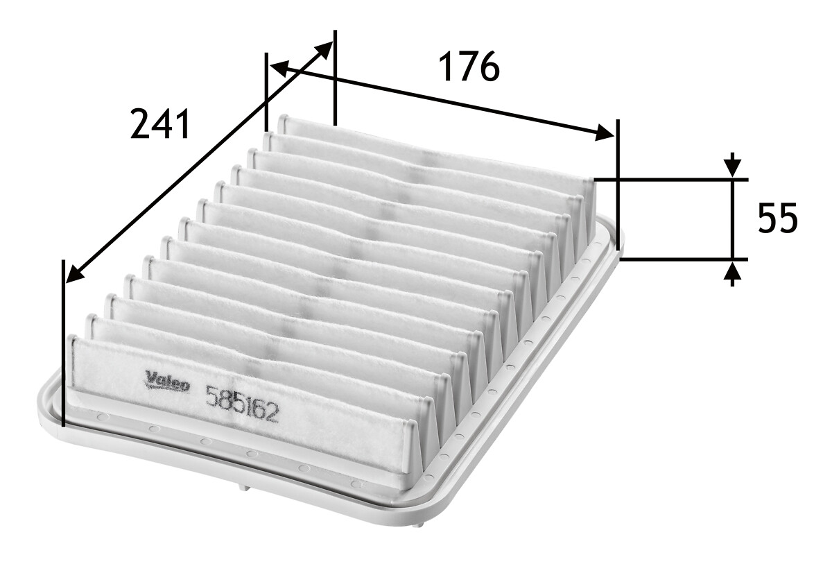 VALEO Luftfilter 585162 Filterindsats length_mm_203|Længde [mm]|239 width_mm_206|Bredde [mm]|175 height_mm_209|Højde [mm]|54 weight_kg_212|Vægt [kg]|0