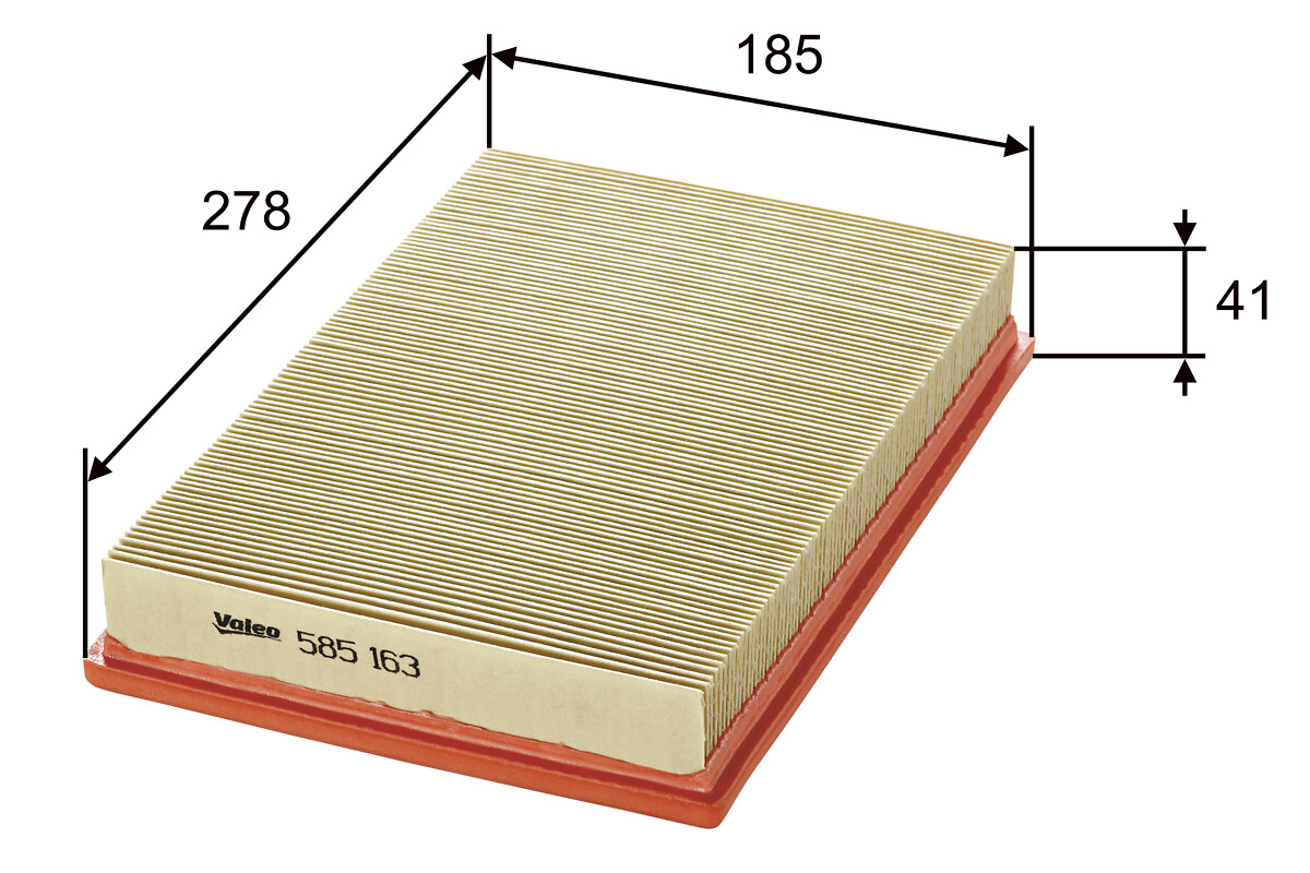 VALEO Luftfilter 585163 Filterindsats length_mm_203|Længde [mm]|276 width_mm_206|Bredde [mm]|185 height_mm_209|Højde [mm]|42 weight_kg_212|Vægt [kg]|0