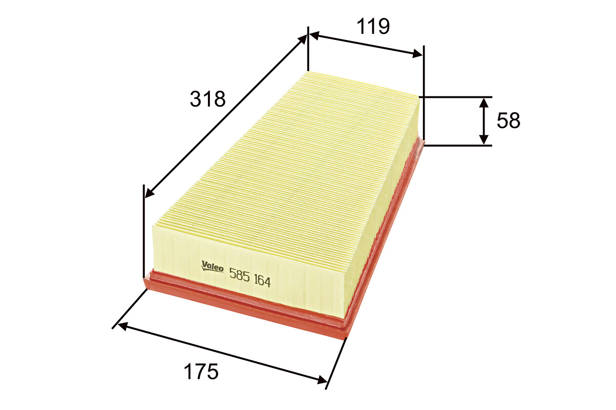 VALEO Luftfilter 585164 Filterindsats length_mm_203|Længde [mm]|318 width_mm_206|Bredde [mm]|175 width_1_mm_818|Bredde 1 [mm]|175 width_2_mm_819|Bredd