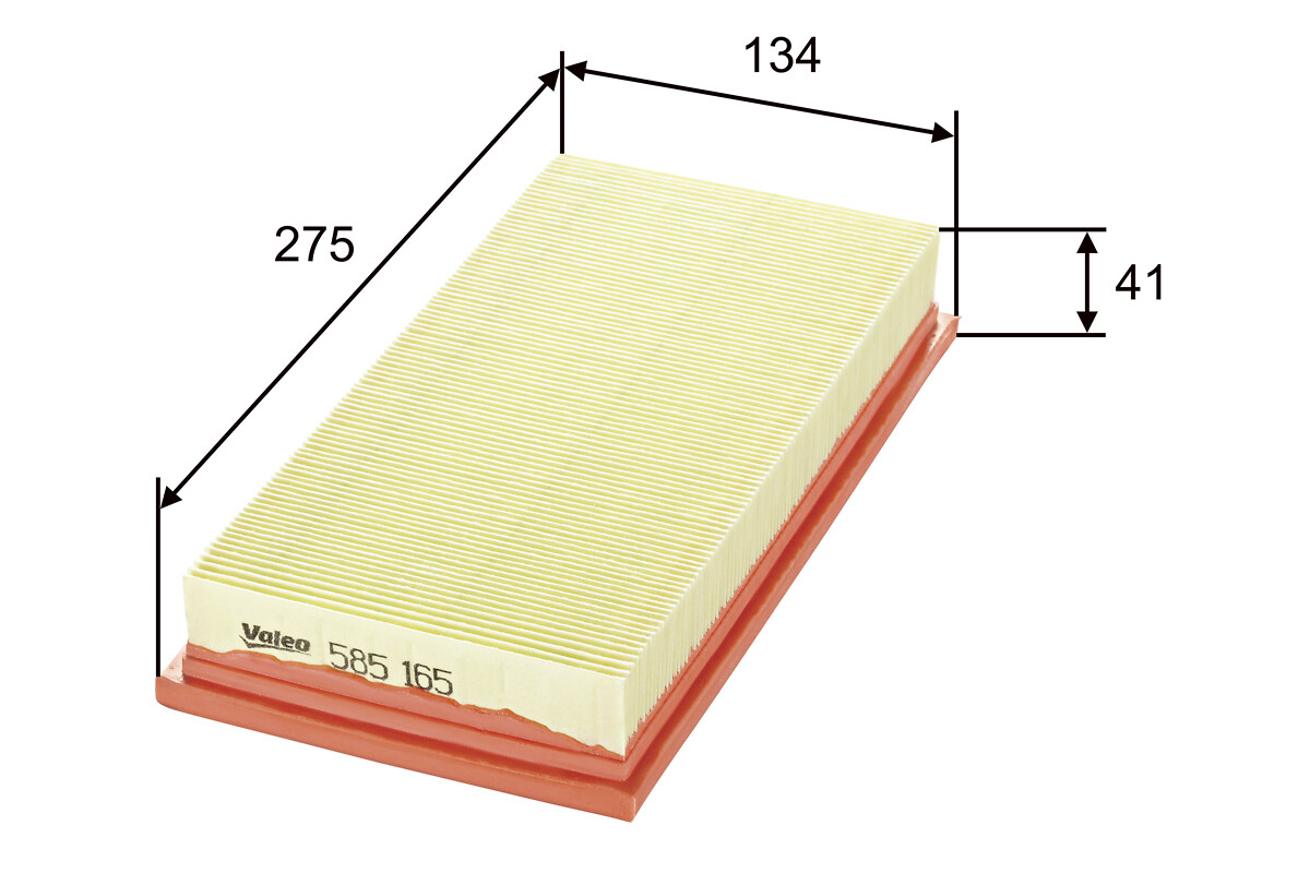 VALEO Luftfilter 585165 Filterindsats length_mm_203|Længde [mm]|273 width_mm_206|Bredde [mm]|134 height_mm_209|Højde [mm]|42 weight_kg_212|Vægt [kg]|0