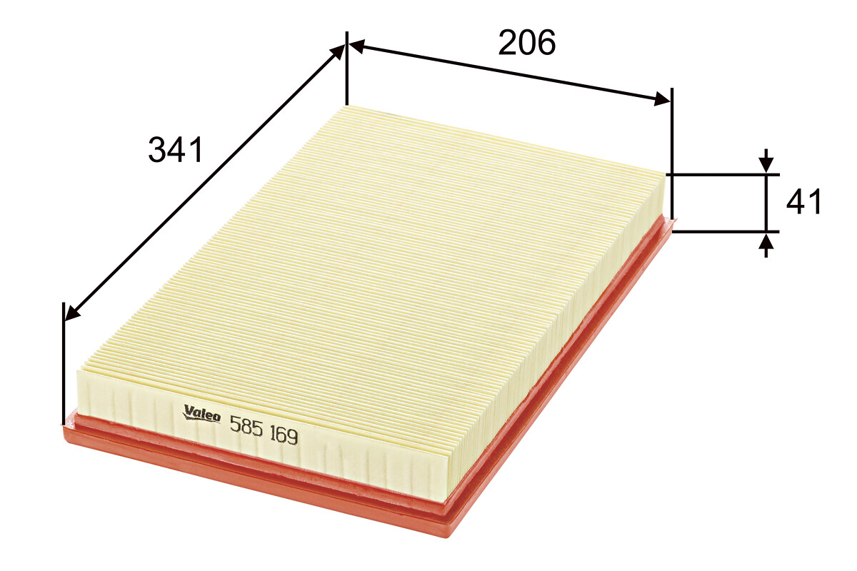 VALEO Luftfilter 585169 Filterindsats length_mm_203|Længde [mm]|340 width_mm_206|Bredde [mm]|206 height_mm_209|Højde [mm]|42 weight_kg_212|Vægt [kg]|0