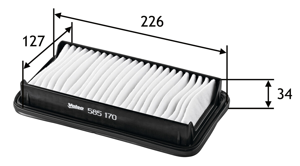 VALEO Luftfilter 585170 Filterindsats length_mm_203|Længde [mm]|227 width_mm_206|Bredde [mm]|129 height_mm_209|Højde [mm]|35 weight_kg_212|Vægt [kg]|0