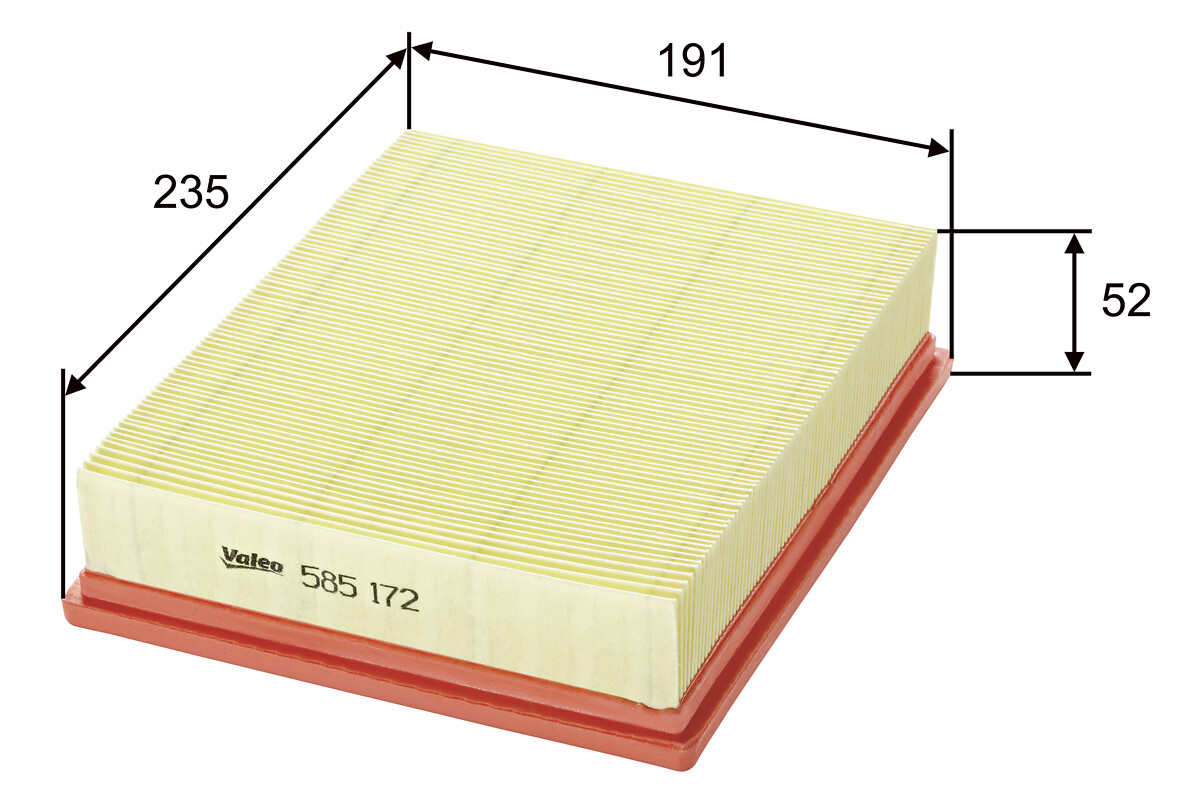 VALEO Luftfilter 585172 Filterindsats length_mm_203|Længde [mm]|235 width_mm_206|Bredde [mm]|190 height_mm_209|Højde [mm]|50 weight_kg_212|Vægt [kg]|0
