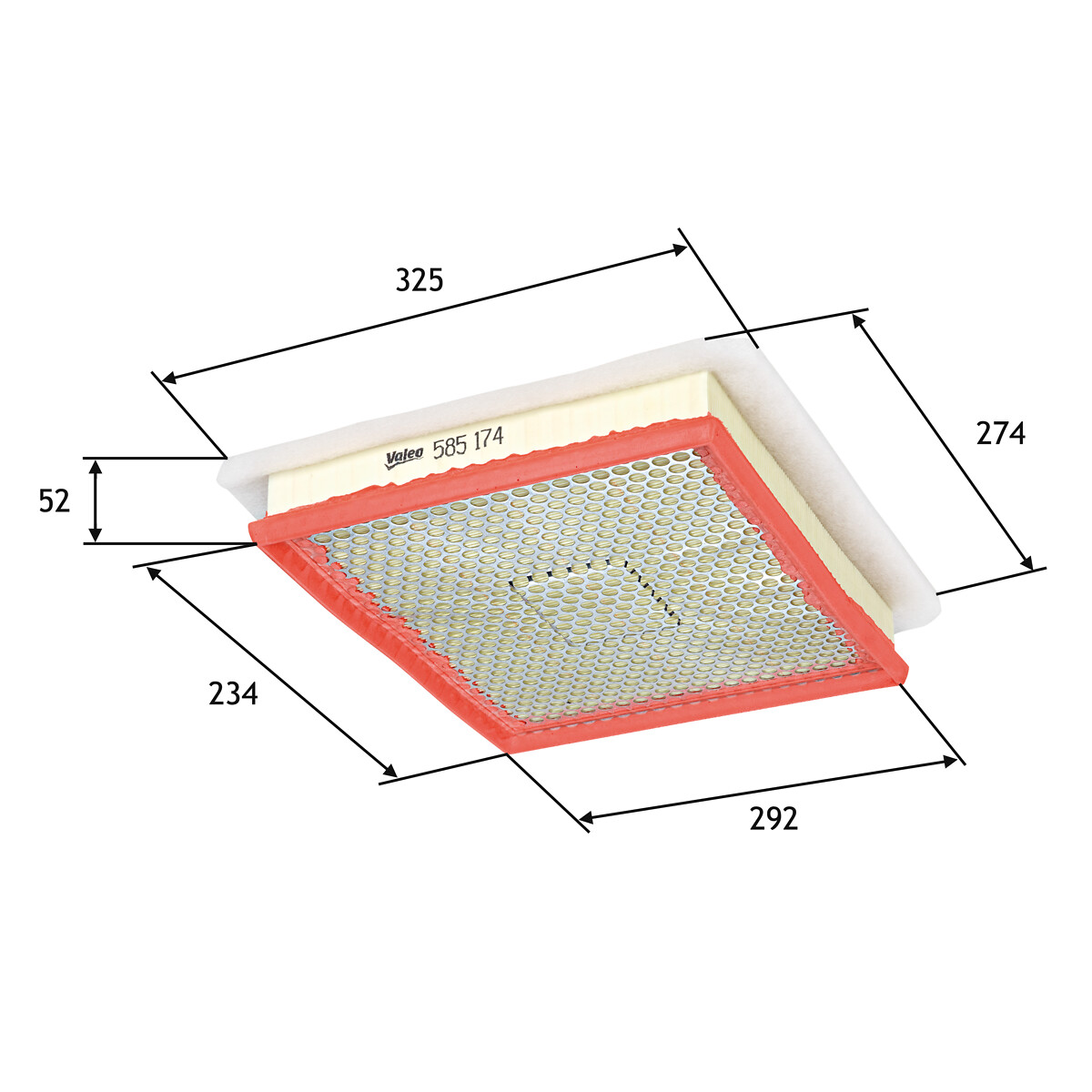 VALEO Luftfilter 585174 Filterindsats length_mm_203|Længde [mm]|293 width_mm_206|Bredde [mm]|234 height_mm_209|Højde [mm]|51 supplementary_articleinfo