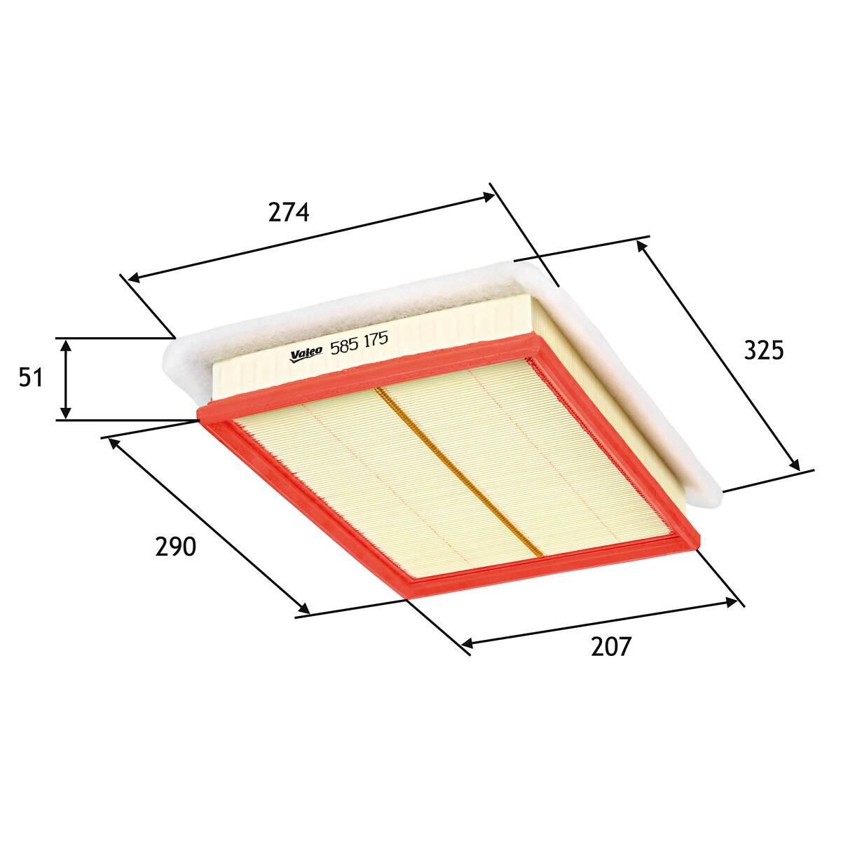 VALEO Luftfilter 585175 Filterindsats length_mm_203|Længde [mm]|290 width_mm_206|Bredde [mm]|206 height_mm_209|Højde [mm]|42 supplementary_articleinfo