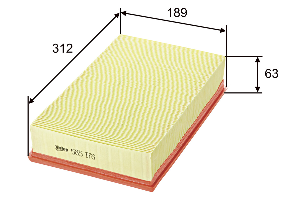 VALEO Luftfilter 585178 Filterindsats length_mm_203|Længde [mm]|316 width_mm_206|Bredde [mm]|190 height_mm_209|Højde [mm]|56 weight_kg_212|Vægt [kg]|0