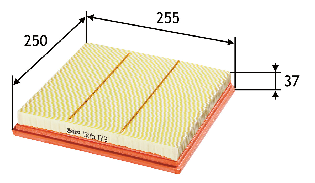VALEO Luftfilter 585179 Filterindsats length_mm_203|Længde [mm]|256 width_mm_206|Bredde [mm]|250 height_mm_209|Højde [mm]|45 weight_kg_212|Vægt [kg]|0