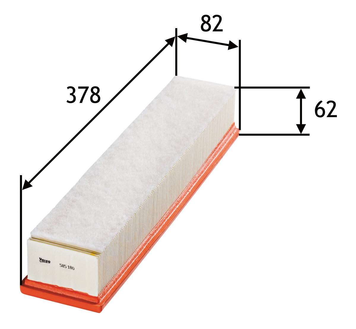 VALEO Luftfilter 585180 Filterindsats length_mm_203|Længde [mm]|376 width_mm_206|Bredde [mm]|83 height_mm_209|Højde [mm]|58 supplementary_articleinfo_