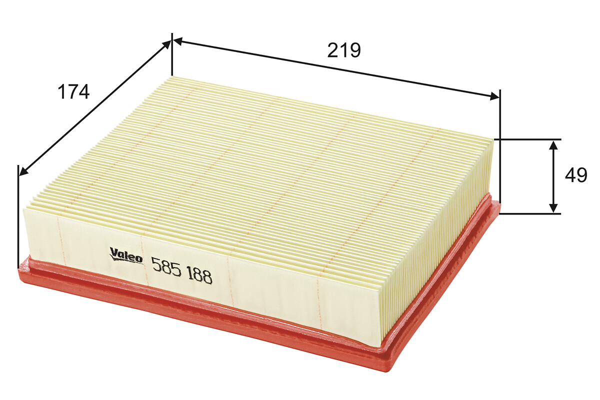 VALEO Luftfilter 585188 Filterindsats length_mm_203|Længde [mm]|174 width_mm_206|Bredde [mm]|219 height_mm_209|Højde [mm]|50 weight_kg_212|Vægt [kg]|0
