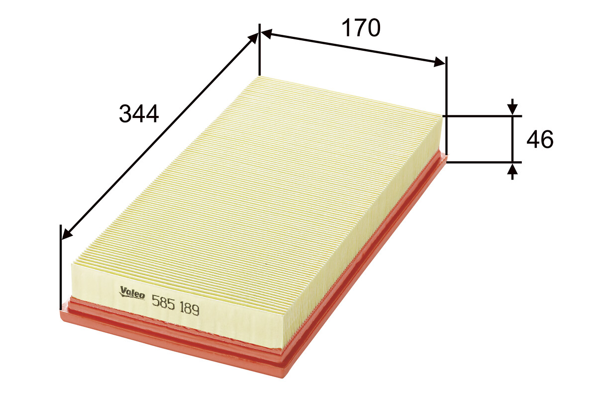 VALEO Luftfilter 585189 Filterindsats length_mm_203|Længde [mm]|335 width_mm_206|Bredde [mm]|171 height_mm_209|Højde [mm]|38 weight_kg_212|Vægt [kg]|0