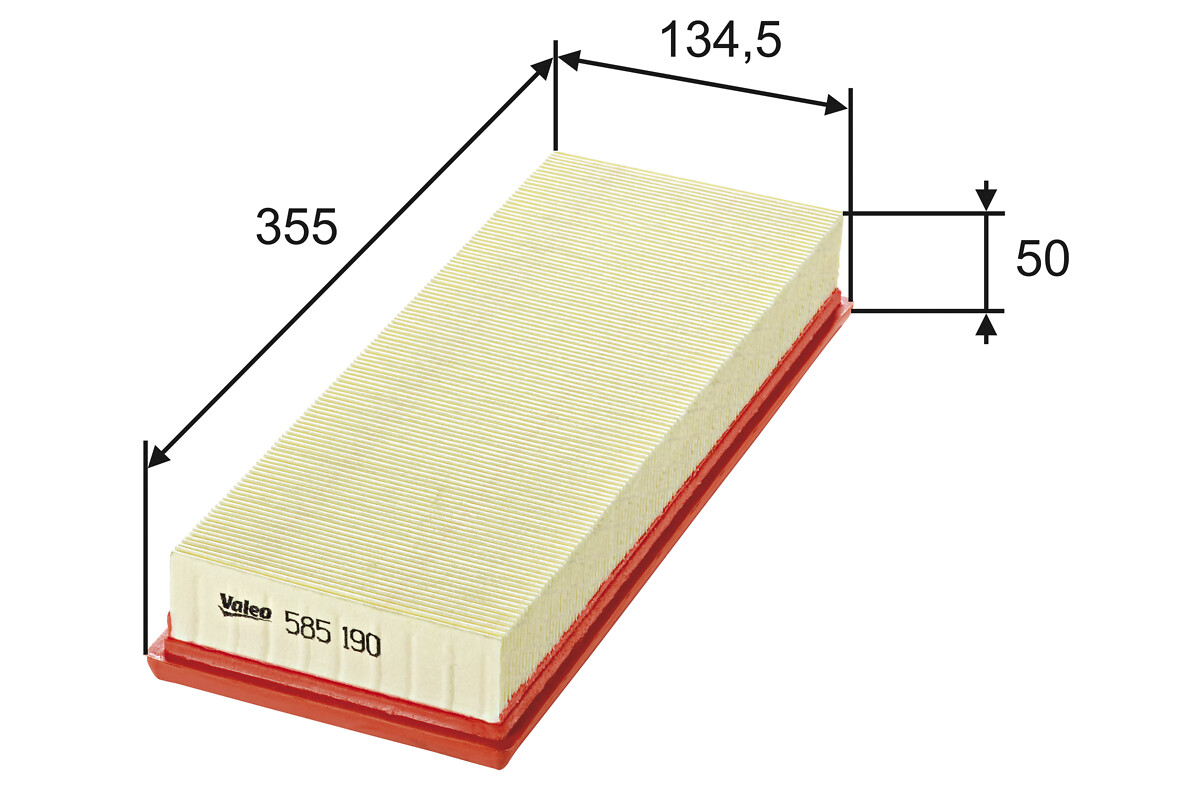 VALEO Luftfilter 585190 Filterindsats length_mm_203|Længde [mm]|355 width_mm_206|Bredde [mm]|135 height_mm_209|Højde [mm]|50 weight_kg_212|Vægt [kg]|0