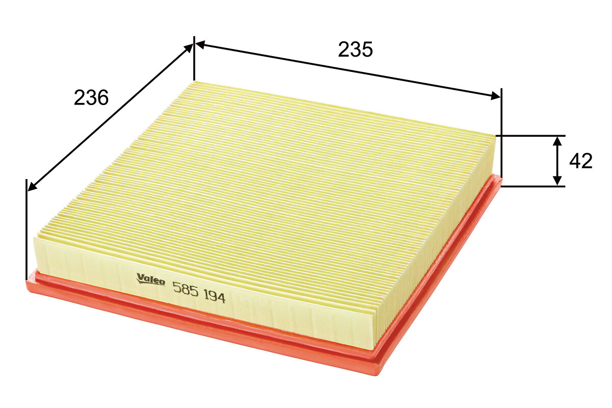 VALEO Luftfilter 585194 Filterindsats length_mm_203|Længde [mm]|236 width_mm_206|Bredde [mm]|235 height_mm_209|Højde [mm]|42 weight_kg_212|Vægt [kg]|0