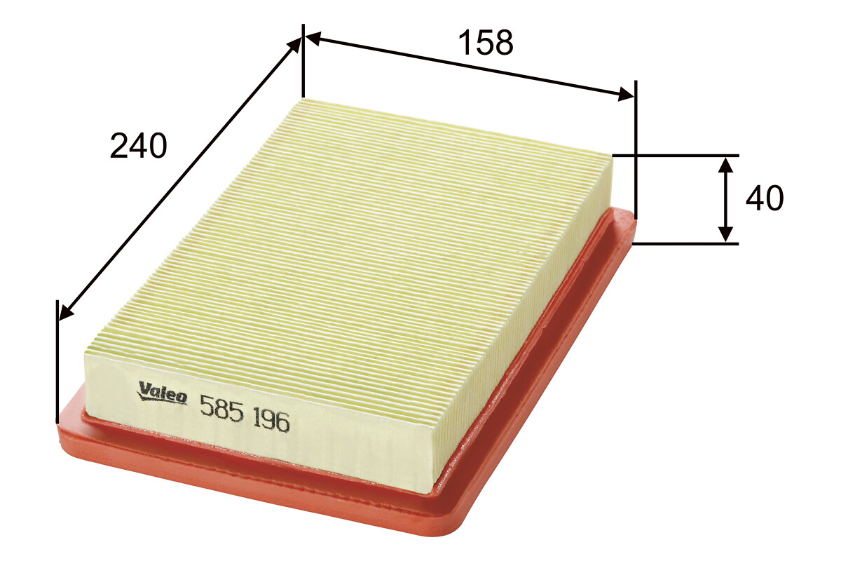 VALEO Luftfilter 585196 Filterindsats length_mm_203|Længde [mm]|245 width_mm_206|Bredde [mm]|158 height_mm_209|Højde [mm]|40 weight_kg_212|Vægt [kg]|0