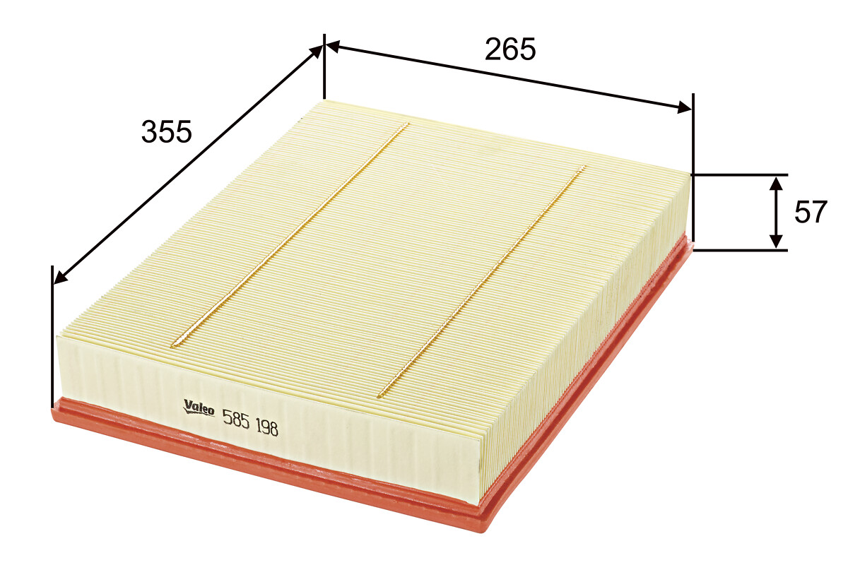 VALEO Luftfilter 585198 Filterindsats length_mm_203|Længde [mm]|355 width_mm_206|Bredde [mm]|265 height_mm_209|Højde [mm]|58 weight_kg_212|Vægt [kg]|0