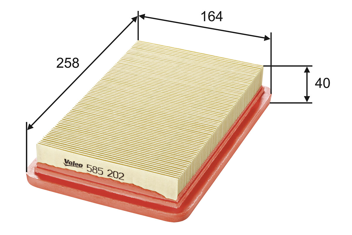 VALEO Luftfilter 585202 Filterindsats length_mm_203|Længde [mm]|259 width_mm_206|Bredde [mm]|164 height_mm_209|Højde [mm]|40 weight_kg_212|Vægt [kg]|0