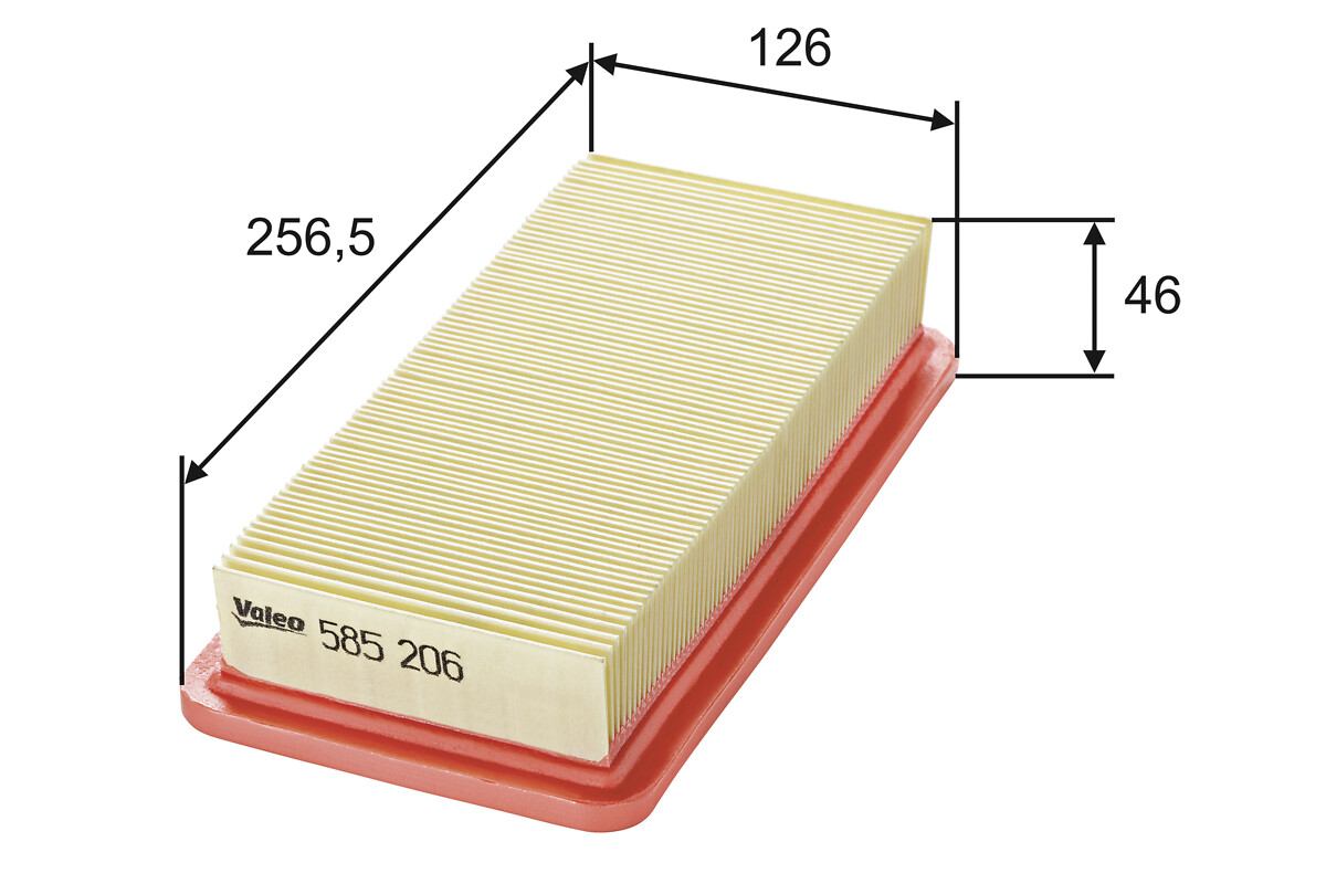 VALEO Luftfilter 585206 Filterindsats length_mm_203|Længde [mm]|258 width_mm_206|Bredde [mm]|127 height_mm_209|Højde [mm]|46 weight_kg_212|Vægt [kg]|0