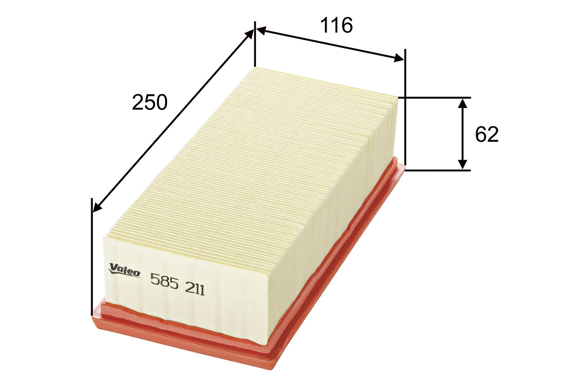 VALEO Luftfilter 585211 Filterindsats length_mm_203|Længde [mm]|250 width_mm_206|Bredde [mm]|117 height_mm_209|Højde [mm]|58 weight_kg_212|Vægt [kg]|0