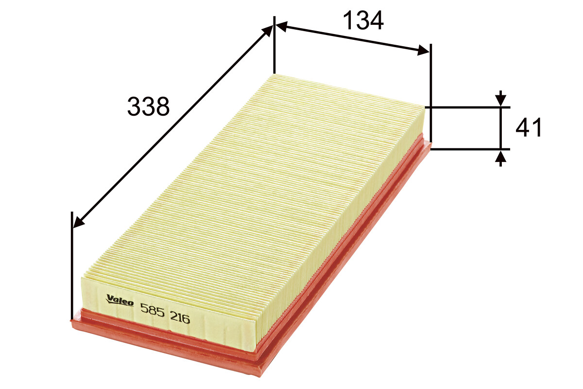 VALEO Luftfilter 585216 Filterindsats length_mm_203|Længde [mm]|333 width_mm_206|Bredde [mm]|135 height_mm_209|Højde [mm]|41 weight_kg_212|Vægt [kg]|0