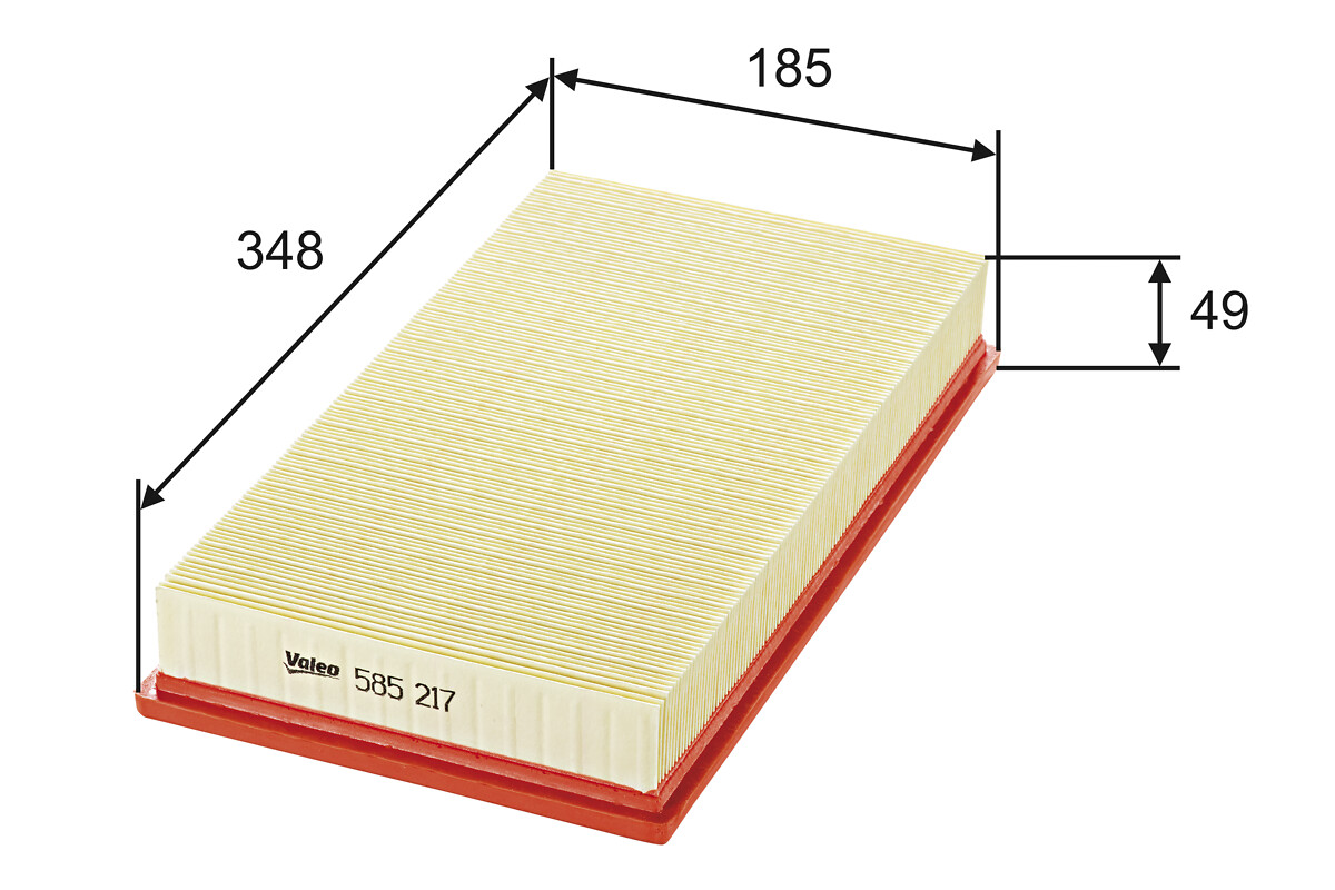 VALEO Luftfilter 585217 Filterindsats length_mm_203|Længde [mm]|348 width_mm_206|Bredde [mm]|185 height_mm_209|Højde [mm]|49 weight_kg_212|Vægt [kg]|0