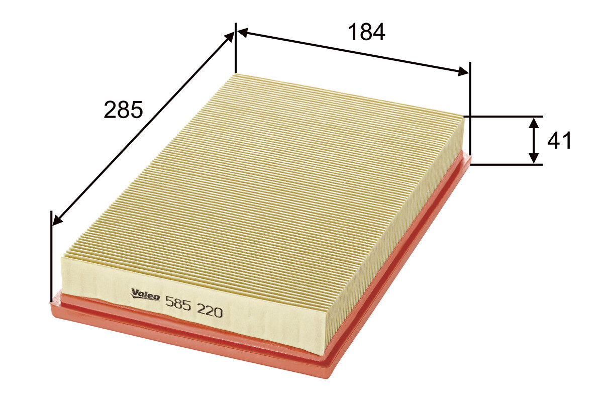 VALEO Luftfilter 585220 Filterindsats length_mm_203|Længde [mm]|285 width_mm_206|Bredde [mm]|184 height_mm_209|Højde [mm]|41 weight_kg_212|Vægt [kg]|0