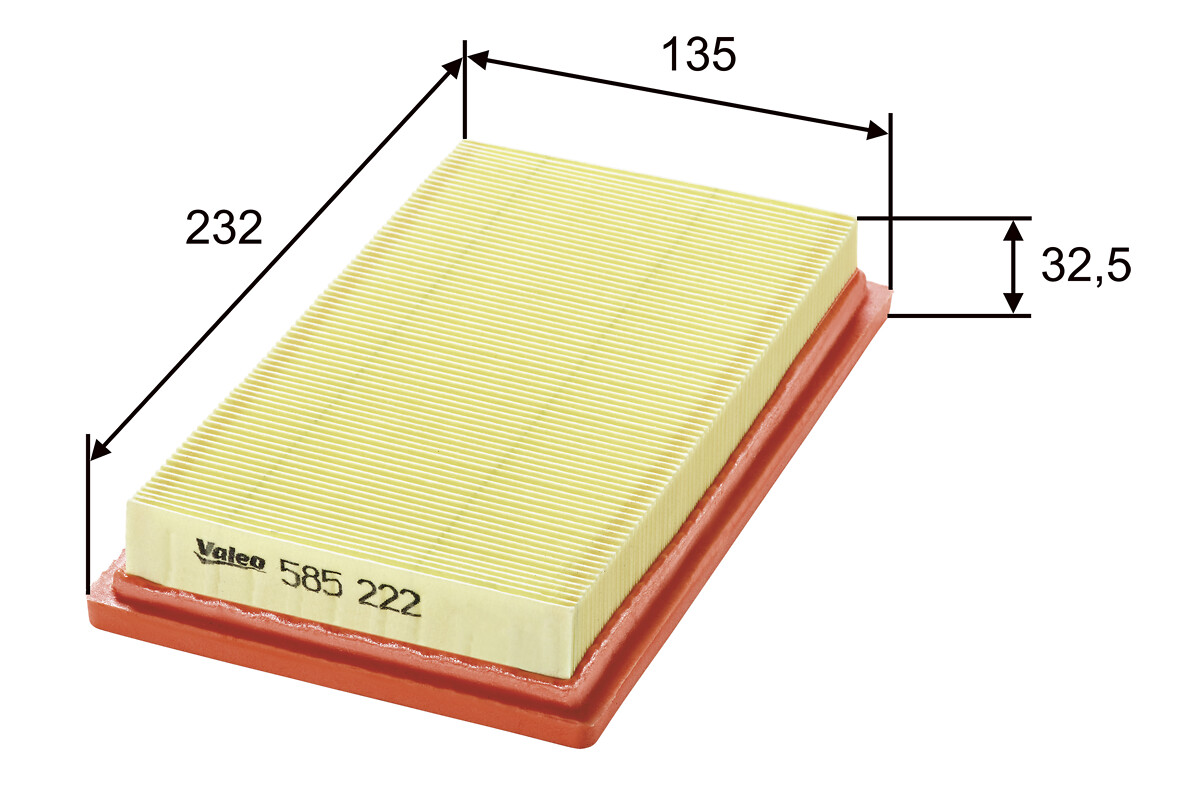 VALEO Luftfilter 585222 Filterindsats length_mm_203|Længde [mm]|232 width_mm_206|Bredde [mm]|137 height_mm_209|Højde [mm]|34 weight_kg_212|Vægt [kg]|0