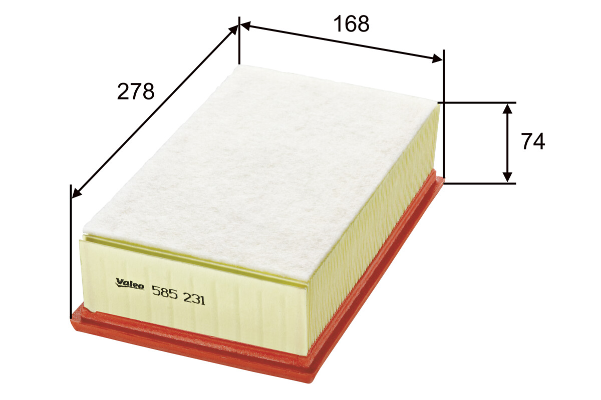 VALEO Luftfilter 585231 Filterindsats length_mm_203|Længde [mm]|279 width_mm_206|Bredde [mm]|167 height_mm_209|Højde [mm]|70 supplementary_articleinfo