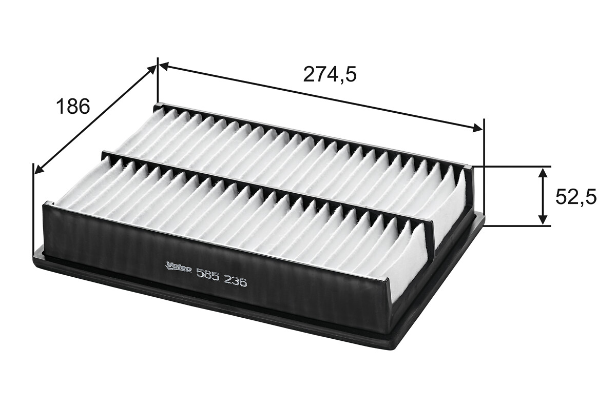VALEO Luftfilter 585236 Filterindsats length_mm_203|Længde [mm]|276 width_mm_206|Bredde [mm]|187 height_mm_209|Højde [mm]|53 weight_kg_212|Vægt [kg]|0