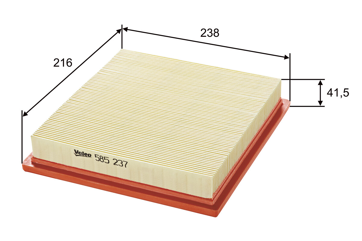 VALEO Luftfilter 585237 Filterindsats length_mm_203|Længde [mm]|238 width_mm_206|Bredde [mm]|216 height_mm_209|Højde [mm]|40 weight_kg_212|Vægt [kg]|0