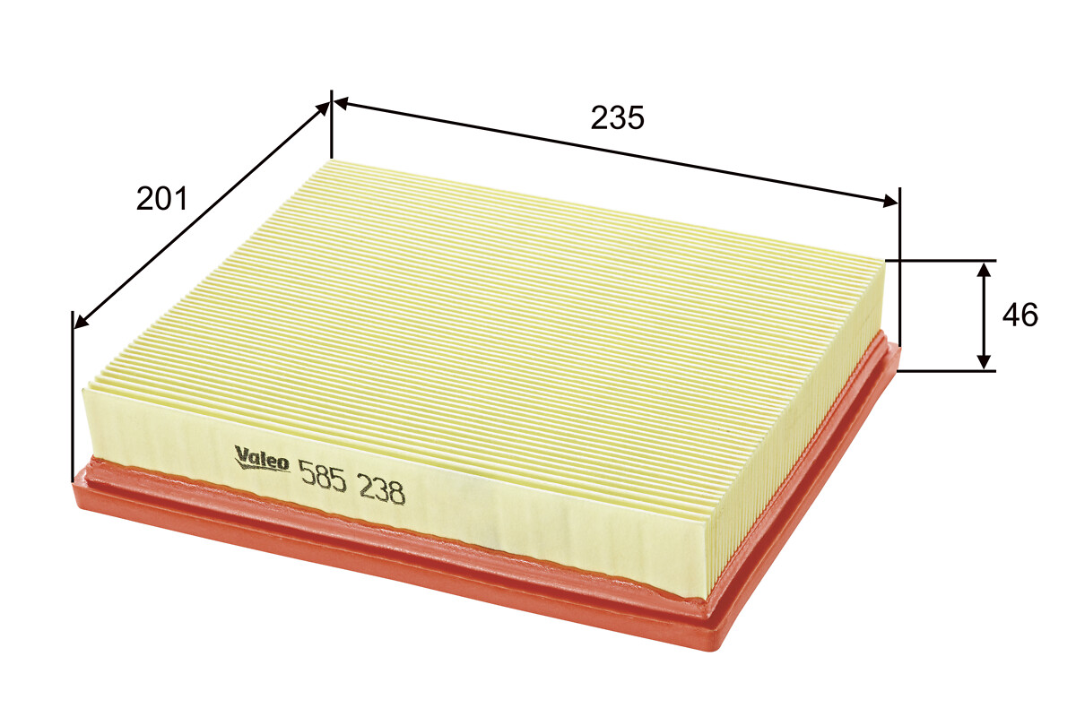 VALEO Luftfilter 585238 Filterindsats length_mm_203|Længde [mm]|235 width_mm_206|Bredde [mm]|201 height_mm_209|Højde [mm]|46 weight_kg_212|Vægt [kg]|0