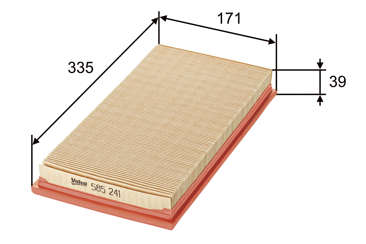VALEO Luftfilter 585241 Filterindsats length_mm_203|Længde [mm]|335 width_mm_206|Bredde [mm]|171 height_mm_209|Højde [mm]|41 weight_kg_212|Vægt [kg]|0