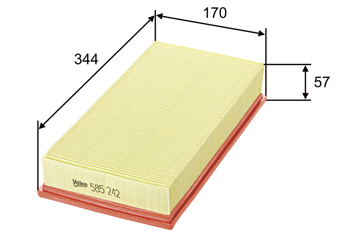 VALEO Luftfilter 585242 Filterindsats length_mm_203|Længde [mm]|335 width_mm_206|Bredde [mm]|171 height_mm_209|Højde [mm]|38 weight_kg_212|Vægt [kg]|0