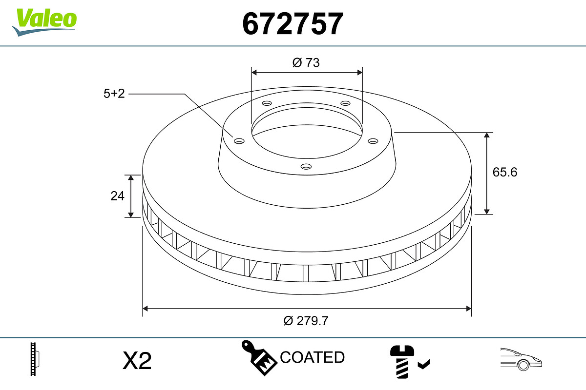 VALEO Bremseskive 672757 foraksel ventileret 280mm 24mm for PEUGEOT CITROËN FIAT VAUXHALL