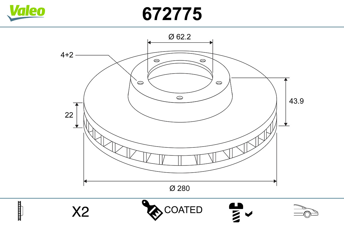 VALEO Bremseskive 672775 foraksel ventileret 280mm 22mm for HYUNDAI KIA