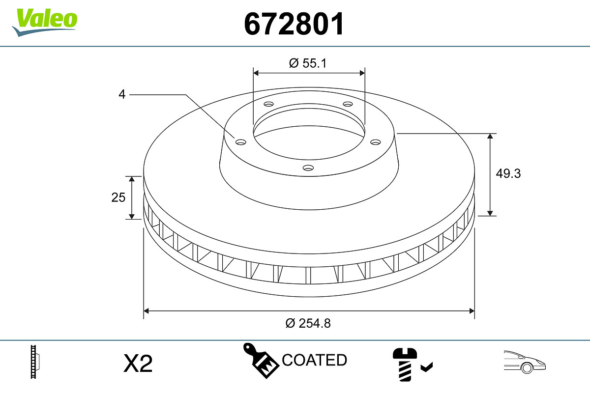 VALEO Bremseskive 672801 foraksel ventileret 255mm 25mm for TOYOTA (FAW)