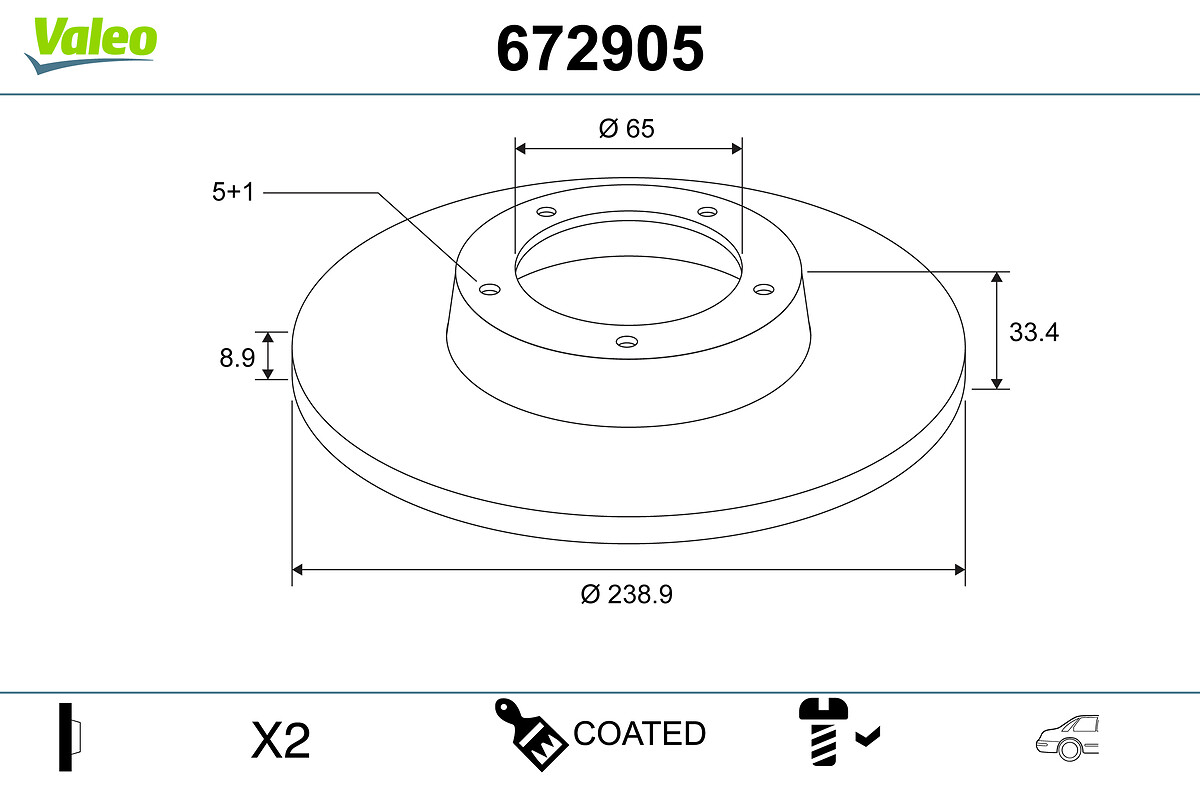 VALEO Bremseskive 672905 bagaksel fuld 239mm 9mm for VW