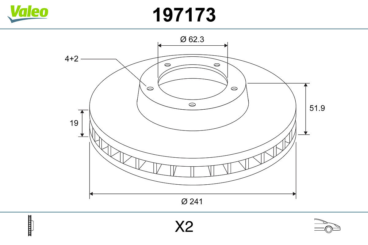 VALEO Bremseskive 197173 foraksel ventileret 241mm 19mm for HYUNDAI KIA (DYK)