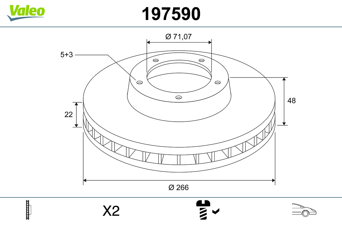VALEO Bremseskive 197590 foraksel ventileret 266mm 22mm for PEUGEOT