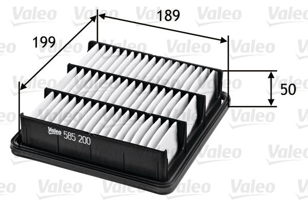 VALEO Luftfilter 585200 Filterindsats length_mm_203|Længde [mm]|190 width_mm_206|Bredde [mm]|200 height_mm_209|Højde [mm]|50 weight_kg_212|Vægt [kg]|0