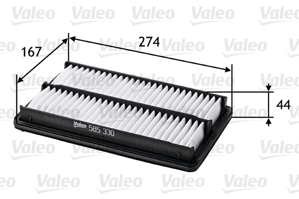 VALEO Luftfilter 585330 Filterindsats length_mm_203|Længde [mm]|274 width_mm_206|Bredde [mm]|173 height_mm_209|Højde [mm]|42 weight_kg_212|Vægt [kg]|0