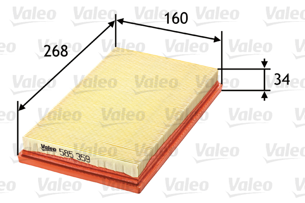 VALEO Luftfilter 585359 Filterindsats length_mm_203|Længde [mm]|279 width_mm_206|Bredde [mm]|160 height_mm_209|Højde [mm]|35 weight_kg_212|Vægt [kg]|0