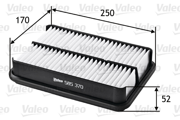 VALEO Luftfilter 585370 Filterindsats length_mm_203|Længde [mm]|249 width_mm_206|Bredde [mm]|169 height_mm_209|Højde [mm]|51 weight_kg_212|Vægt [kg]|0