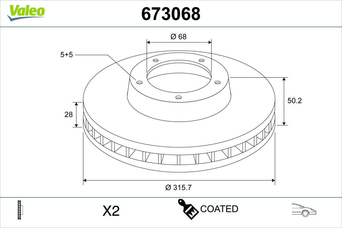 VALEO Bremseskive 673068 foraksel ventileret 316mm 28mm for VOLVO VOLVO ASIA